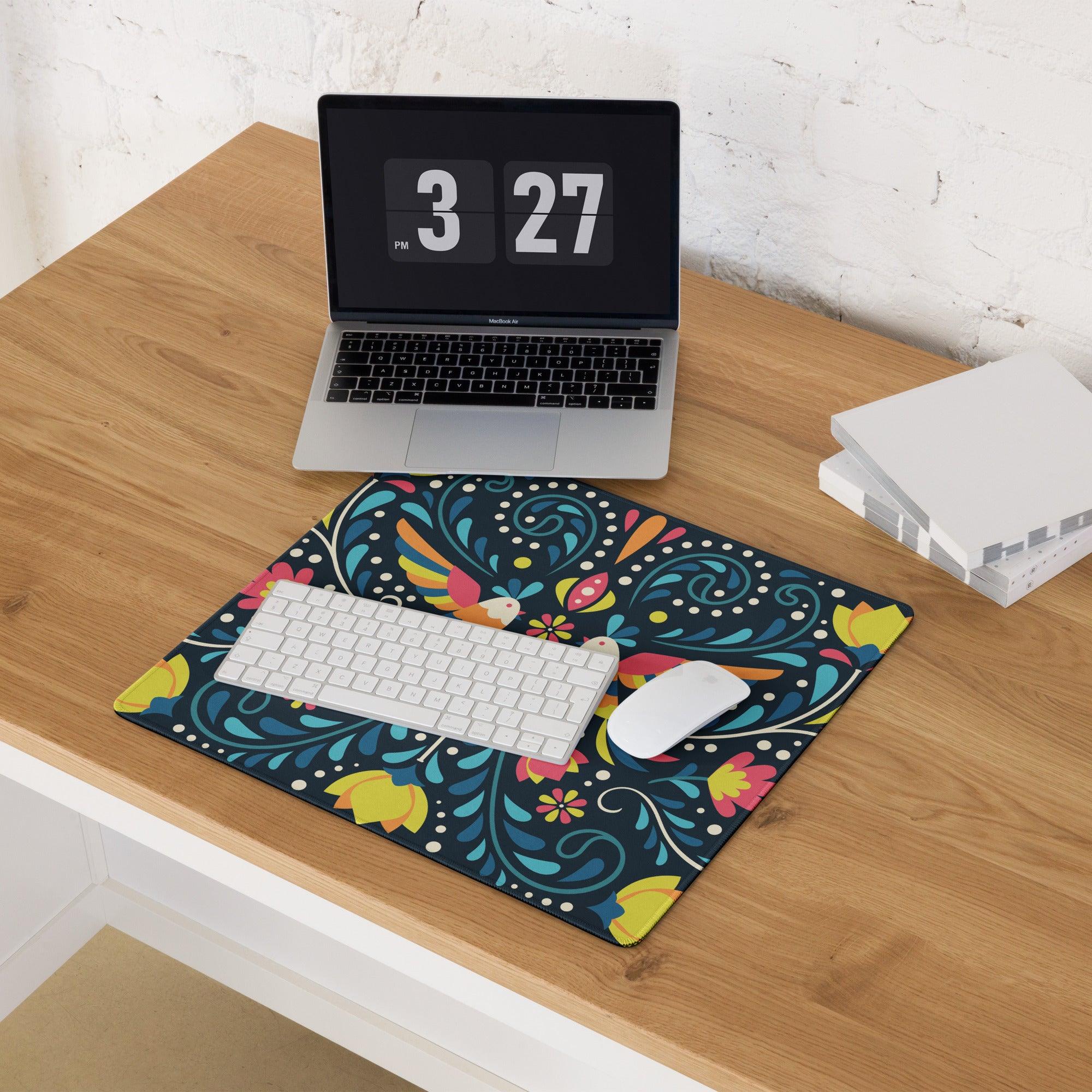 Whimsical colorful floral birds gaming mouse pad with navy background