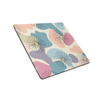 Pastel floral abstract gaming mouse pad with outlined daisies and color blocks