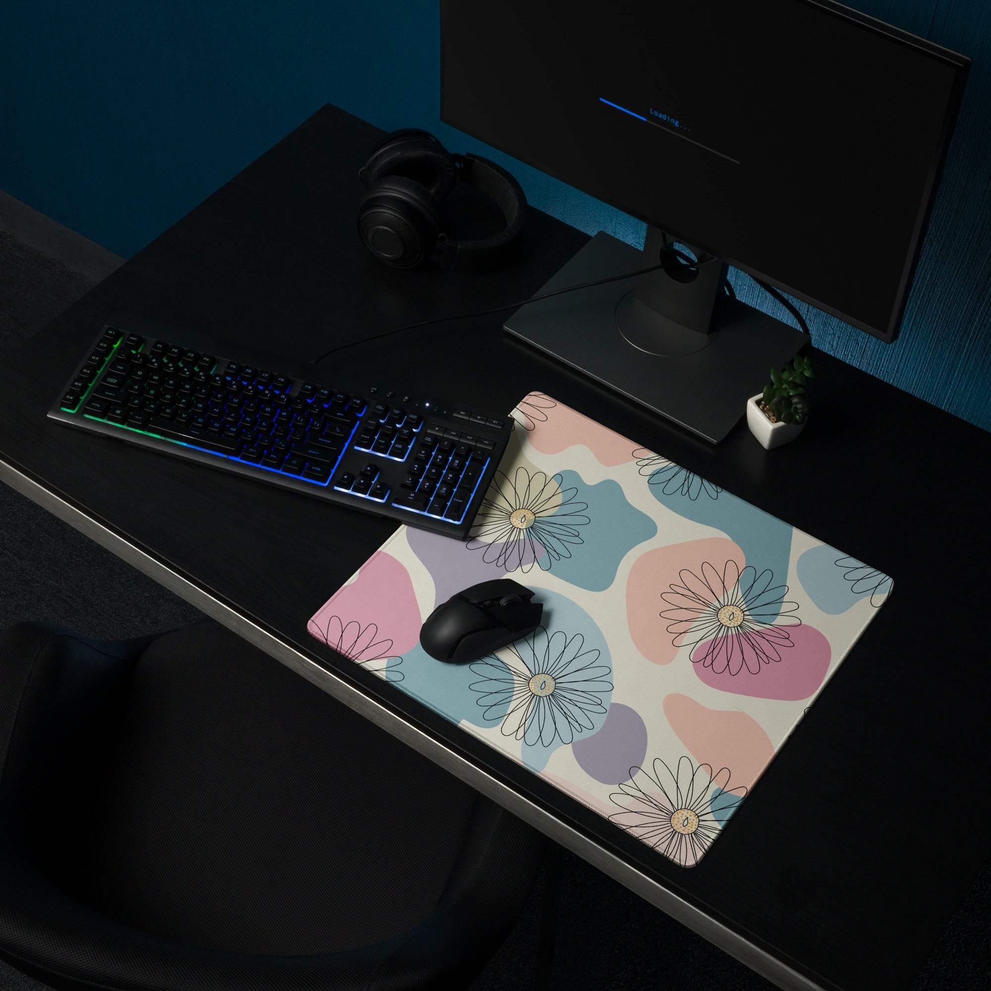 Pastel floral abstract gaming mouse pad with outlined daisies in pink, blue, lavender