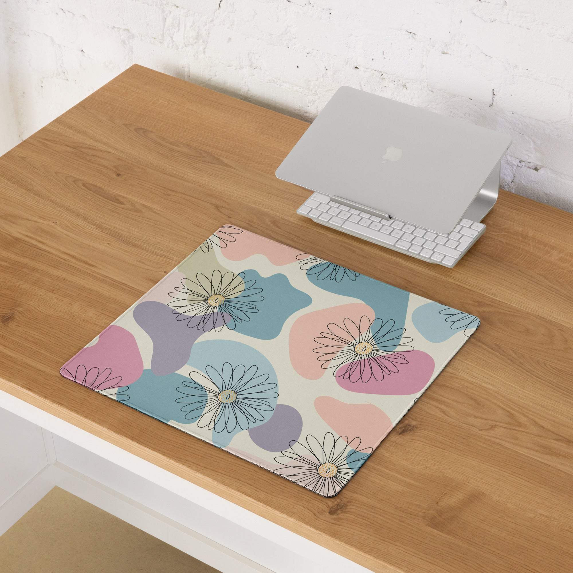 Pastel floral abstract gaming mouse pad with daisies and soft pink blue lavender splotches