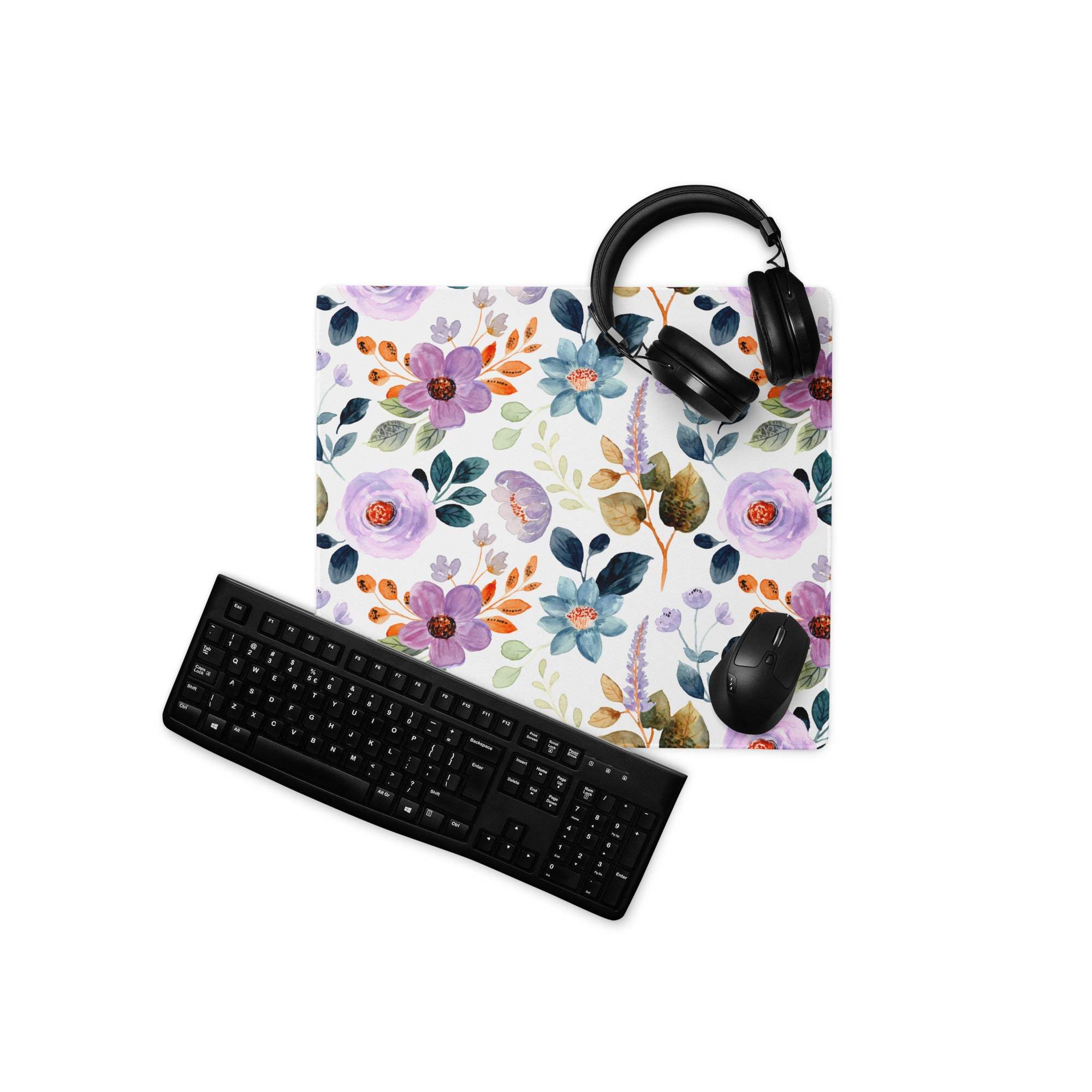 Large floral watercolor gaming mouse pad with non-slip base