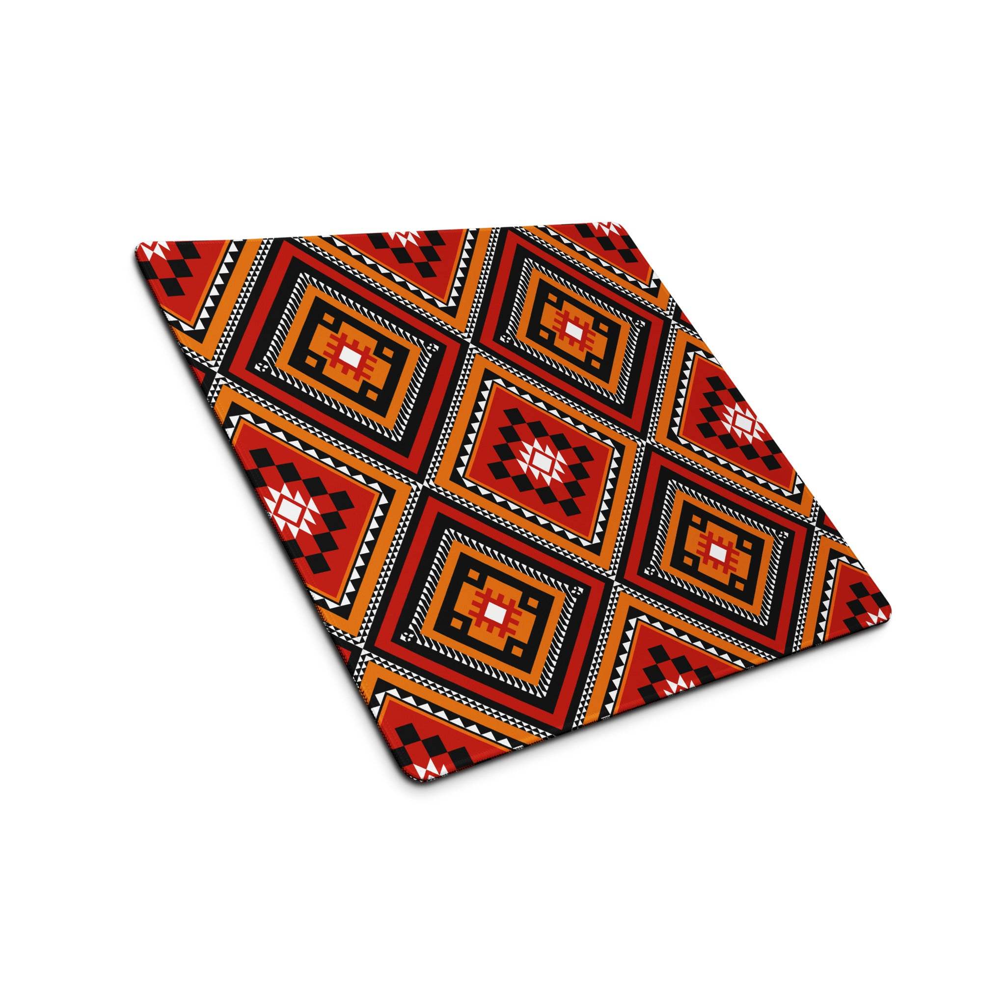 Vibrant tribal geometric diamond motif cutting board in red orange black white