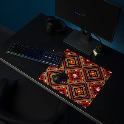 Vibrant tribal geometric diamond motif gaming mouse pad in red orange black white