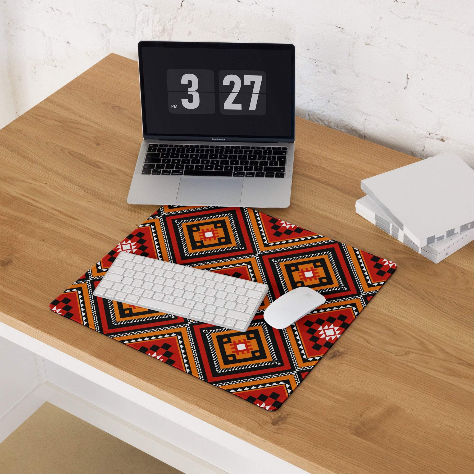 Vibrant tribal geometric diamond gaming mouse pad in red orange black white