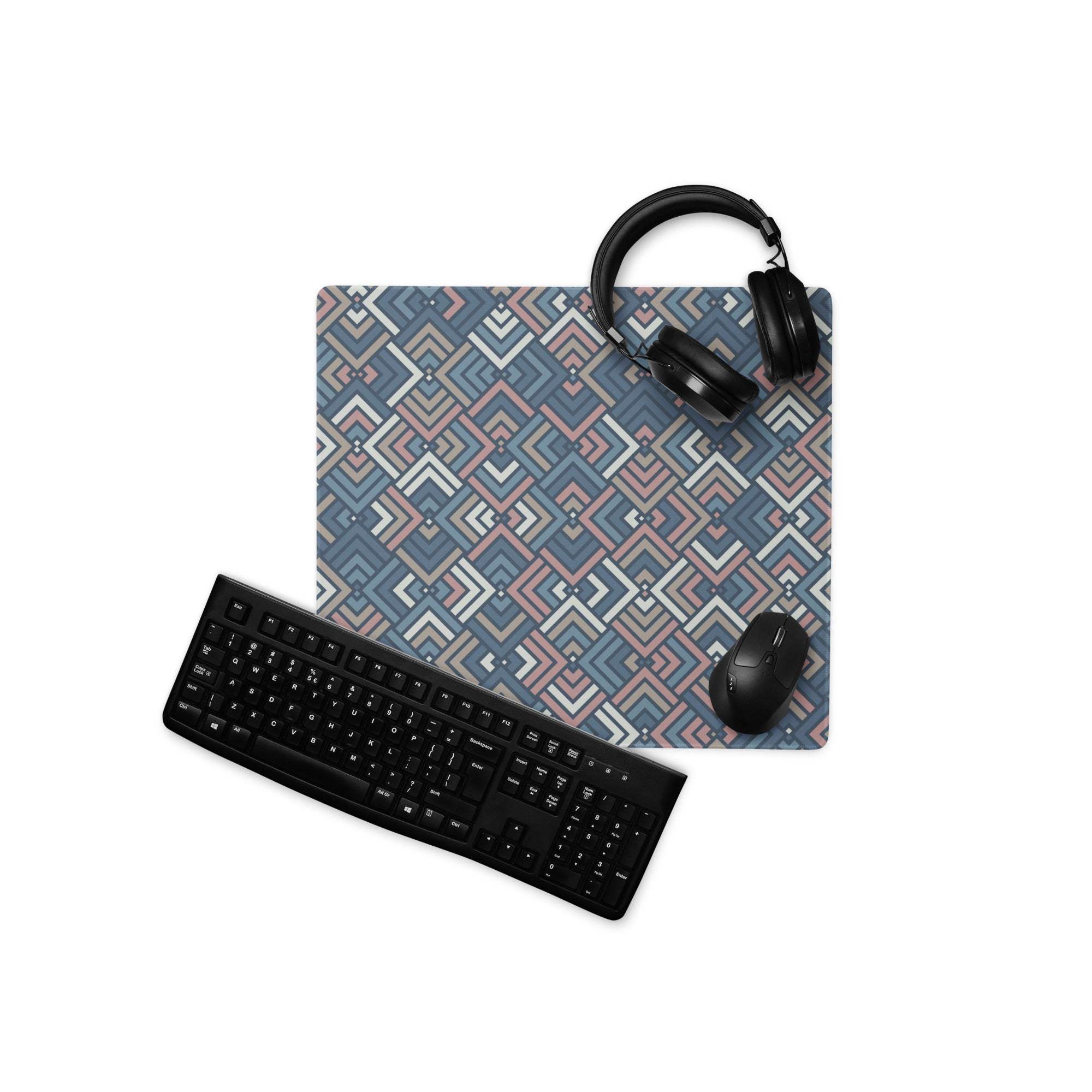 Large geometric navy pink beige gaming mouse pad with non-slip base and stitching
