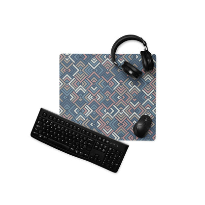 Large geometric navy pink beige gaming mouse pad with non-slip base and stitching