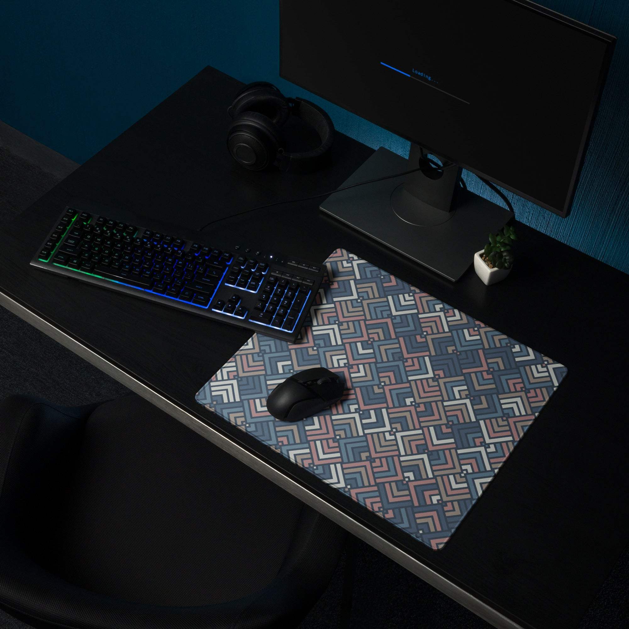 Large geometric gaming mouse pad in navy pink beige with non-slip base