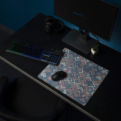 Large geometric gaming mouse pad in navy pink beige with non-slip base