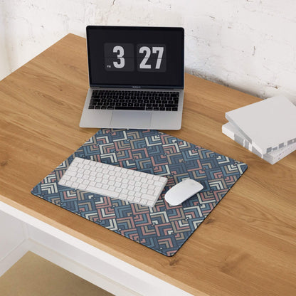 Large navy blue geometric gaming mouse pad with pink white beige accents non-slip base
