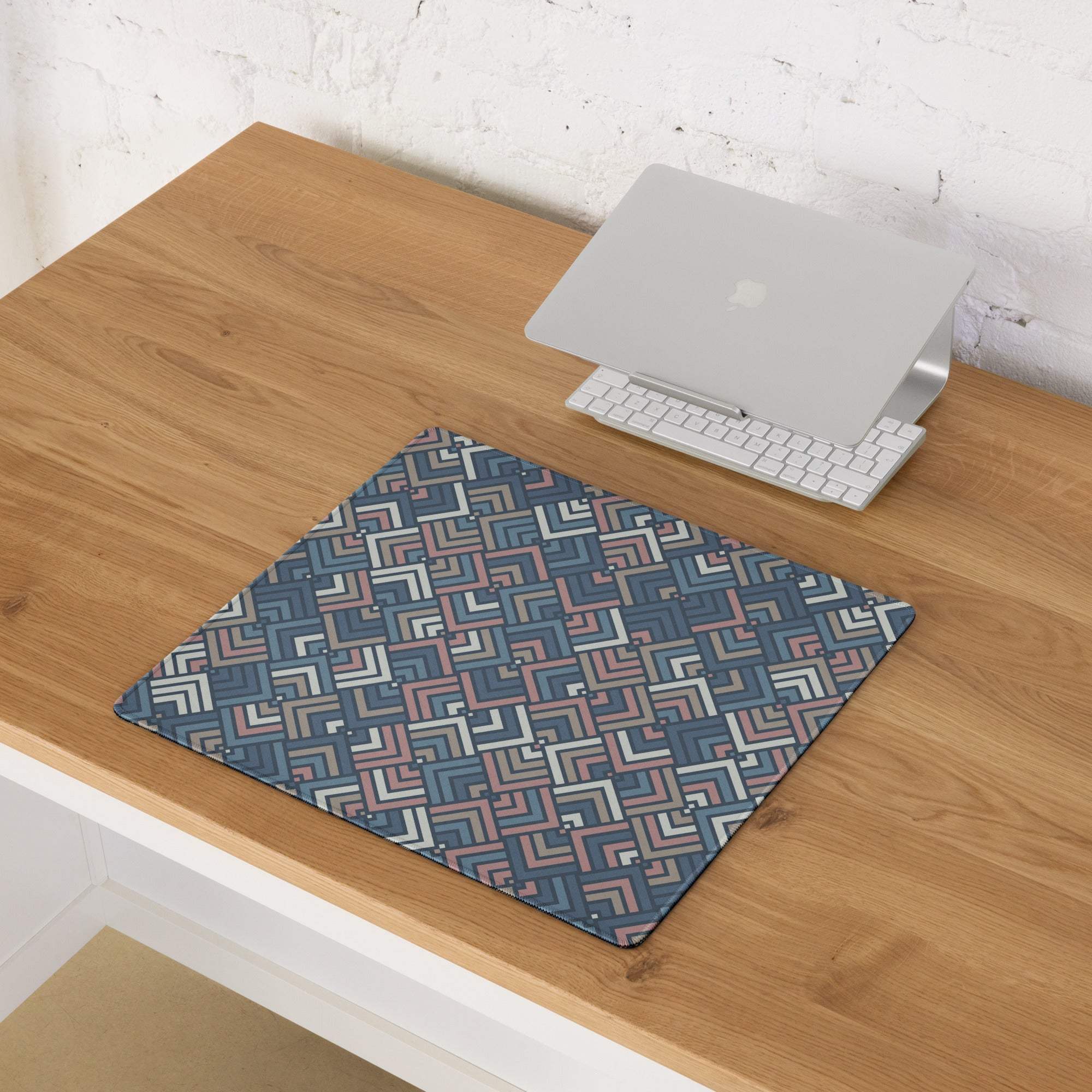 Large geometric navy pink beige gaming mouse pad with non-slip base and stitching
