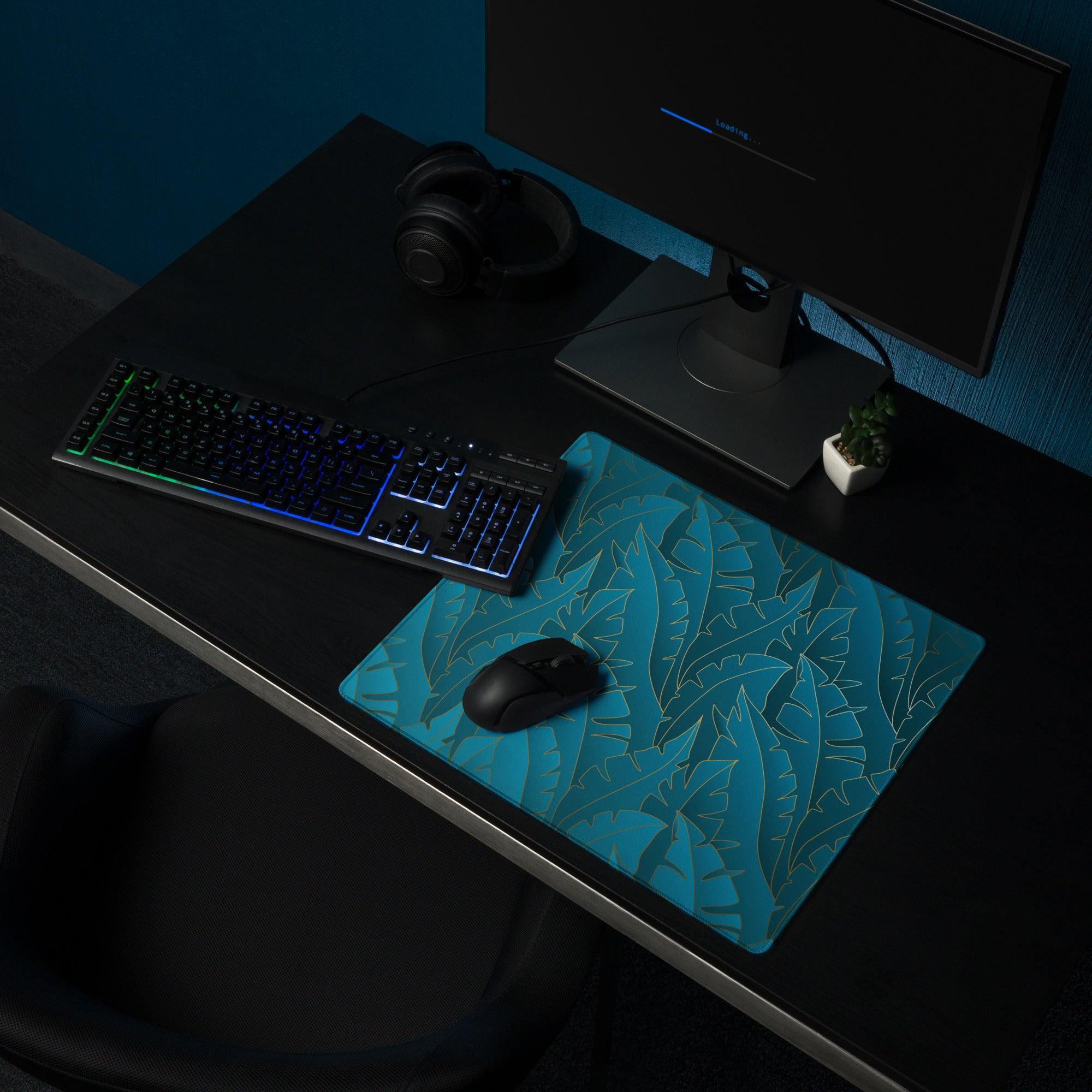 Tropical leaf teal gaming mouse pad with non-slip base