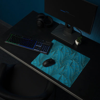 Tropical leaf teal gaming mouse pad with non-slip base