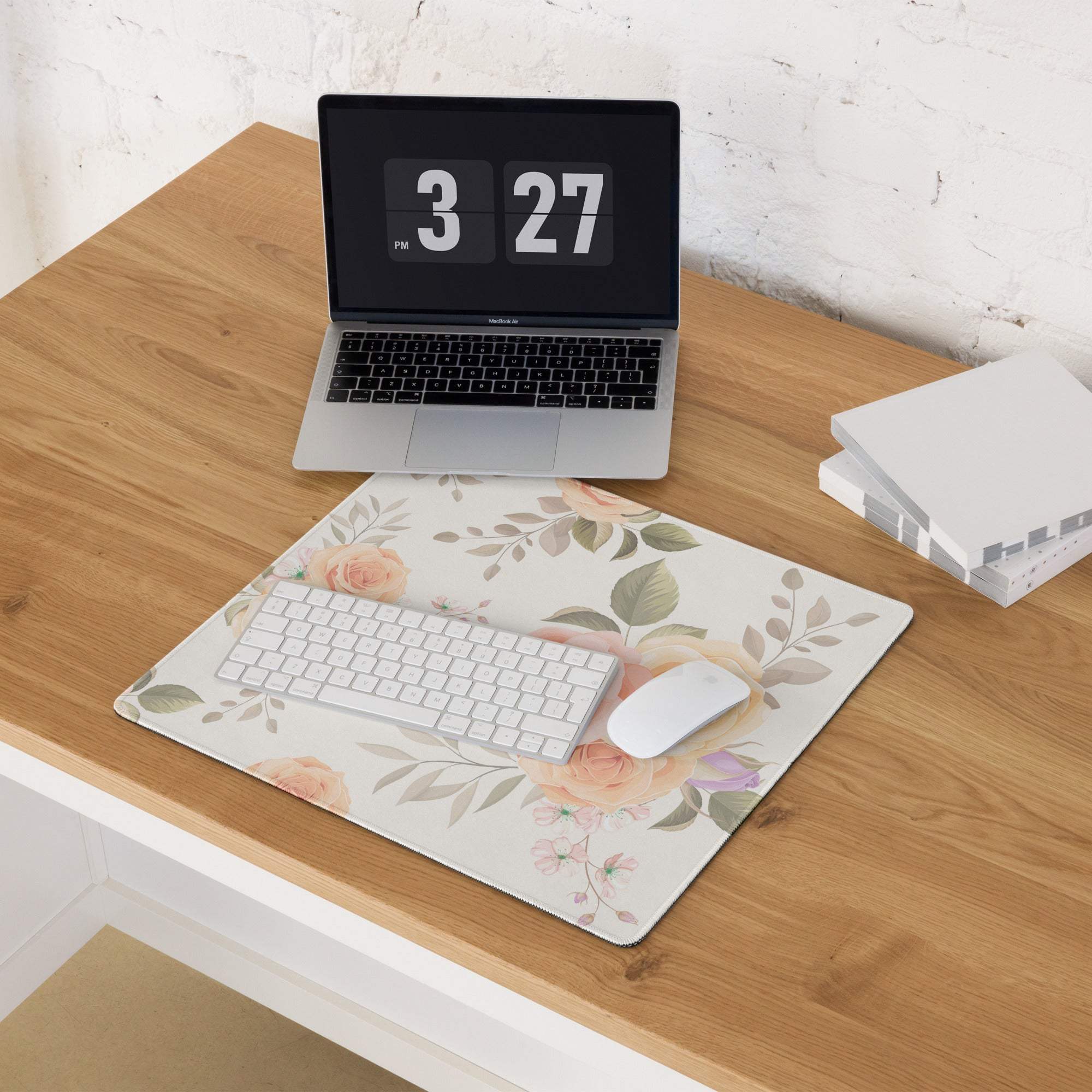 Elegant floral pastel rose gaming mouse pad with non-slip base and stitched edges