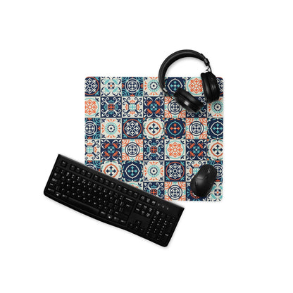 Elegant tile pattern gaming mouse pad in navy teal coral, non-slip large size