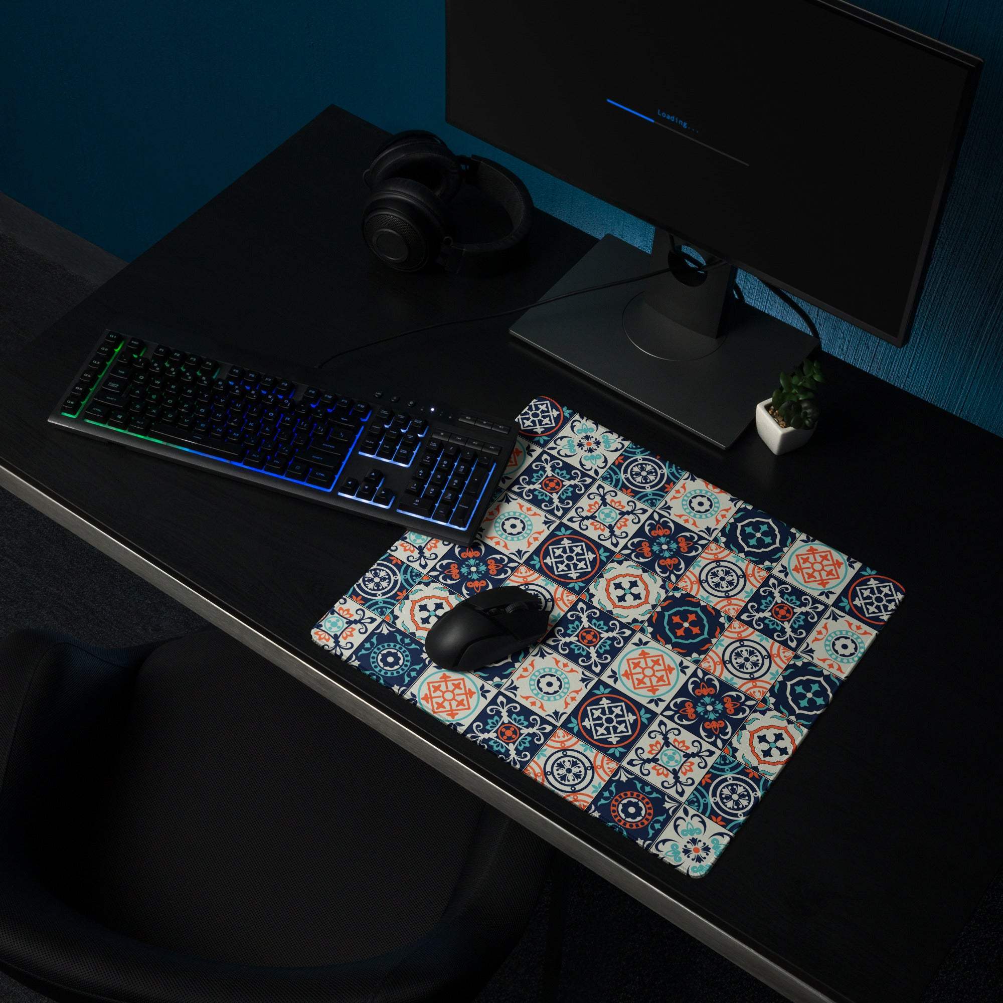 Elegant tile pattern navy teal coral non-slip large gaming mouse pad