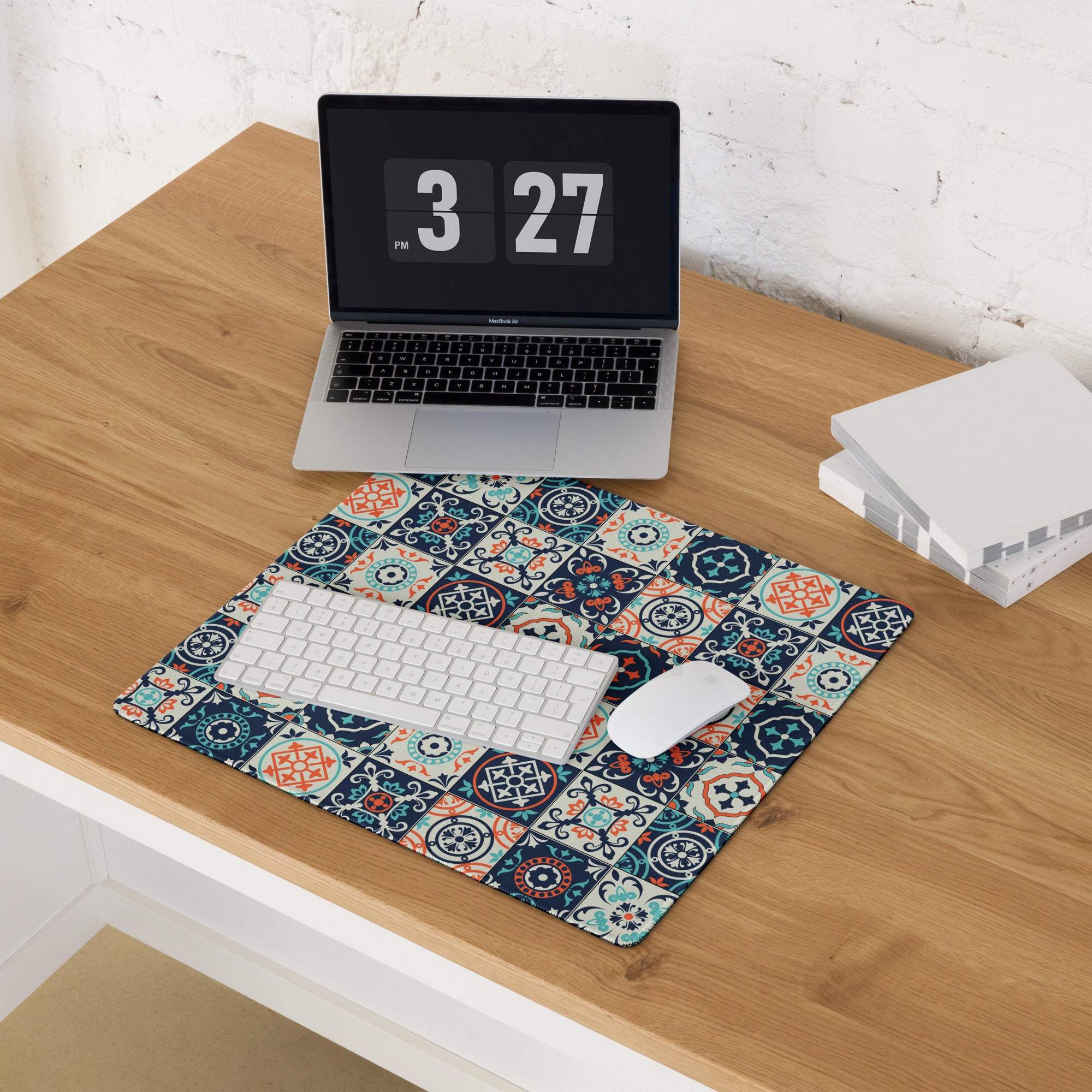 Elegant tile pattern navy teal coral gaming mouse pad large size