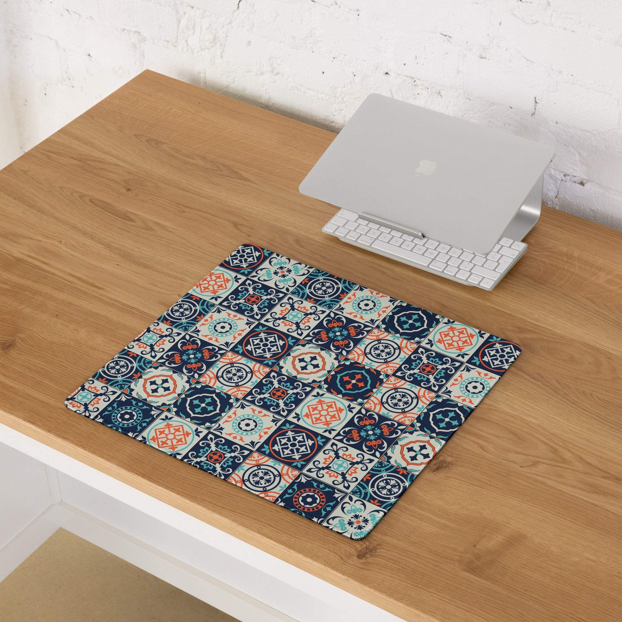 Elegant tile pattern gaming mouse pad navy teal coral non-slip large