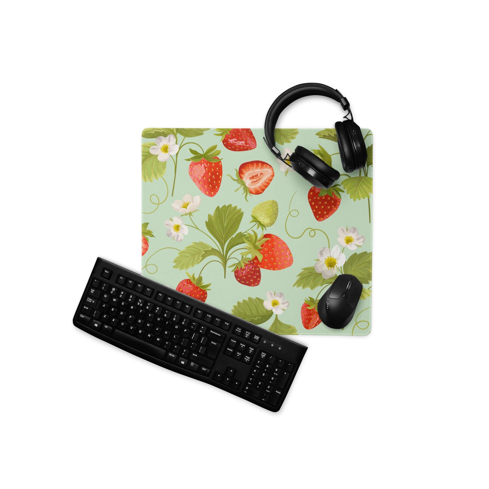 Large mint green strawberry pattern gaming mouse pad with non-slip base