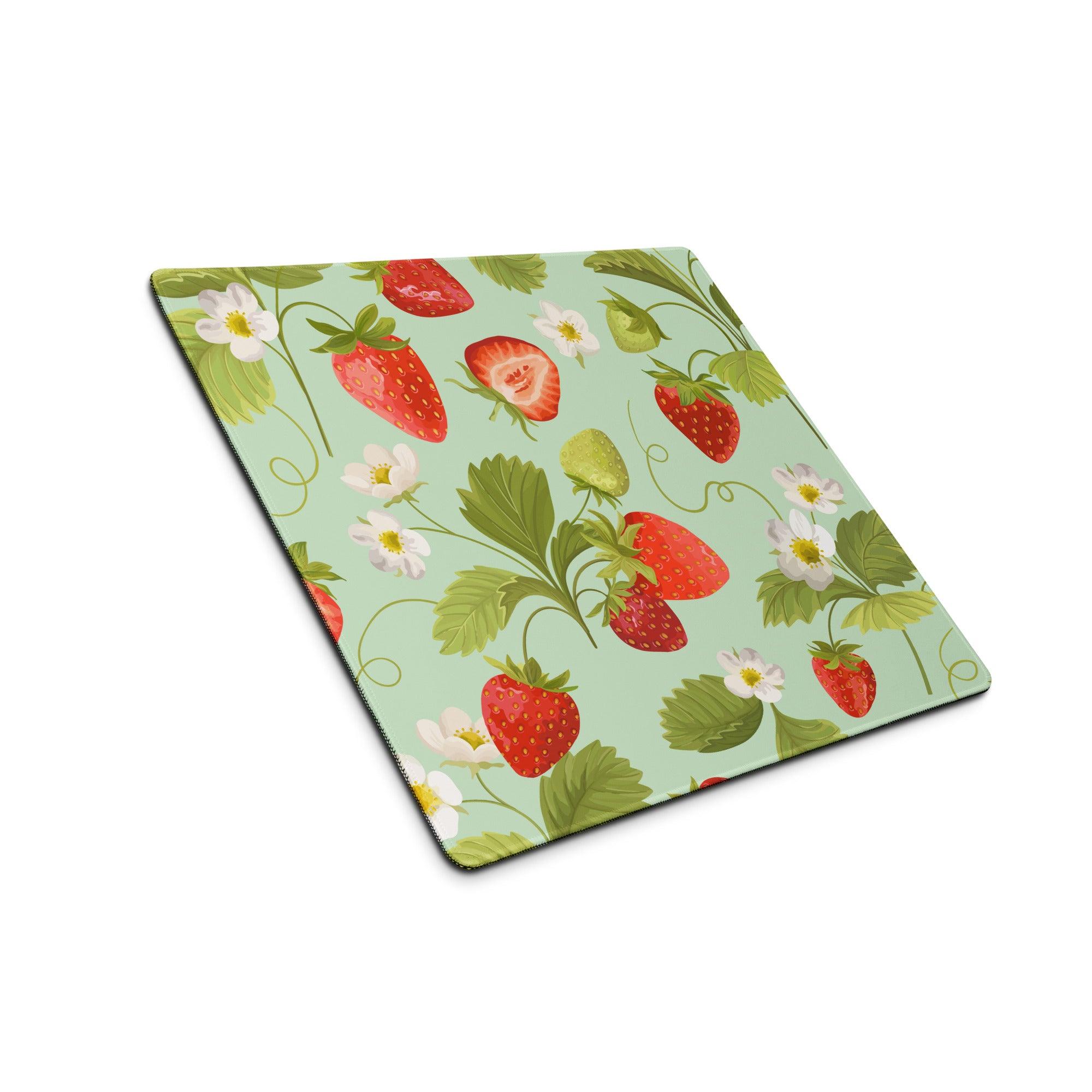 Large mint green strawberry pattern gaming mouse pad with non-slip base