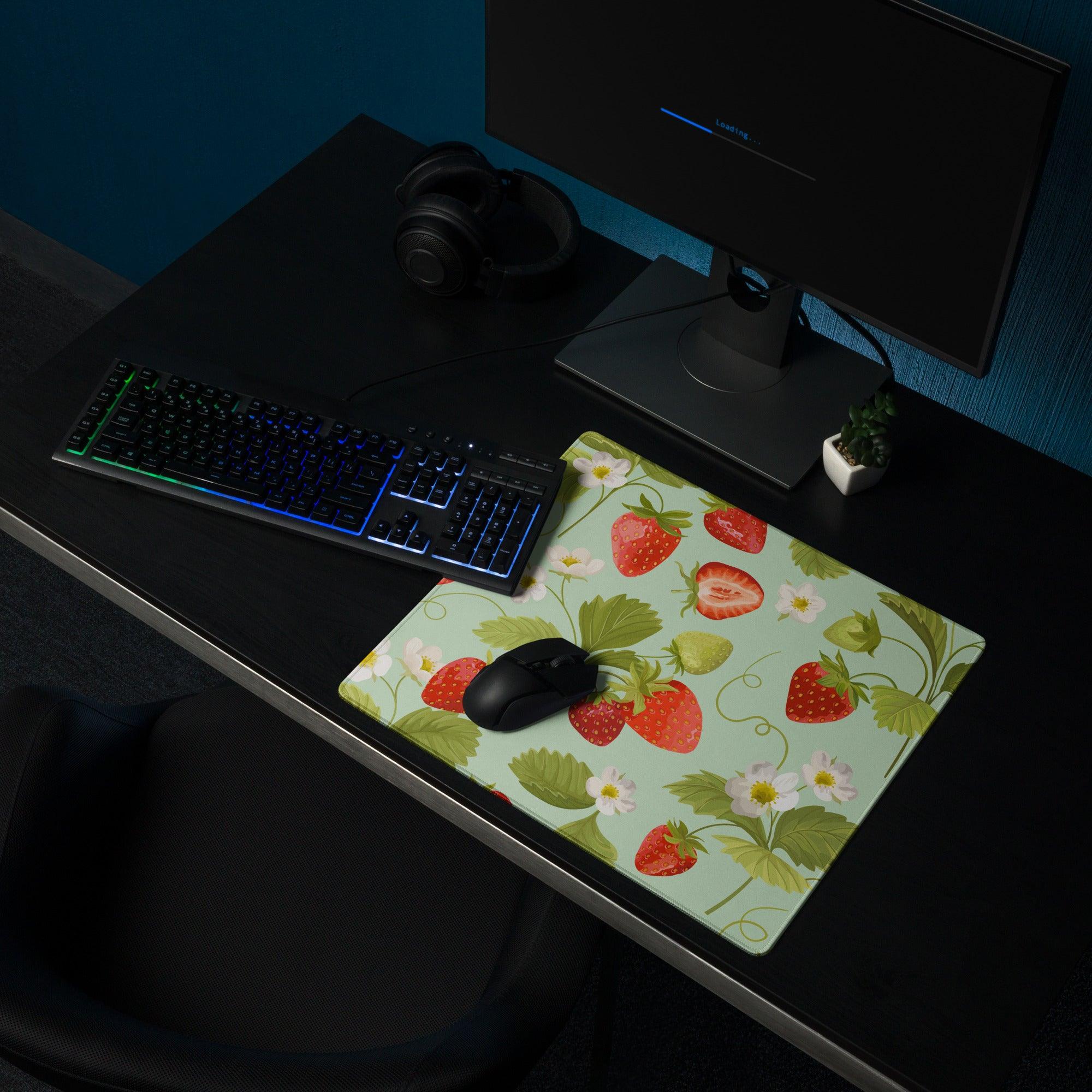 Large mint green strawberry pattern gaming mouse pad with non-slip base