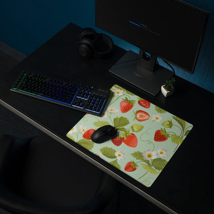 Large mint green strawberry pattern gaming mouse pad with non-slip base
