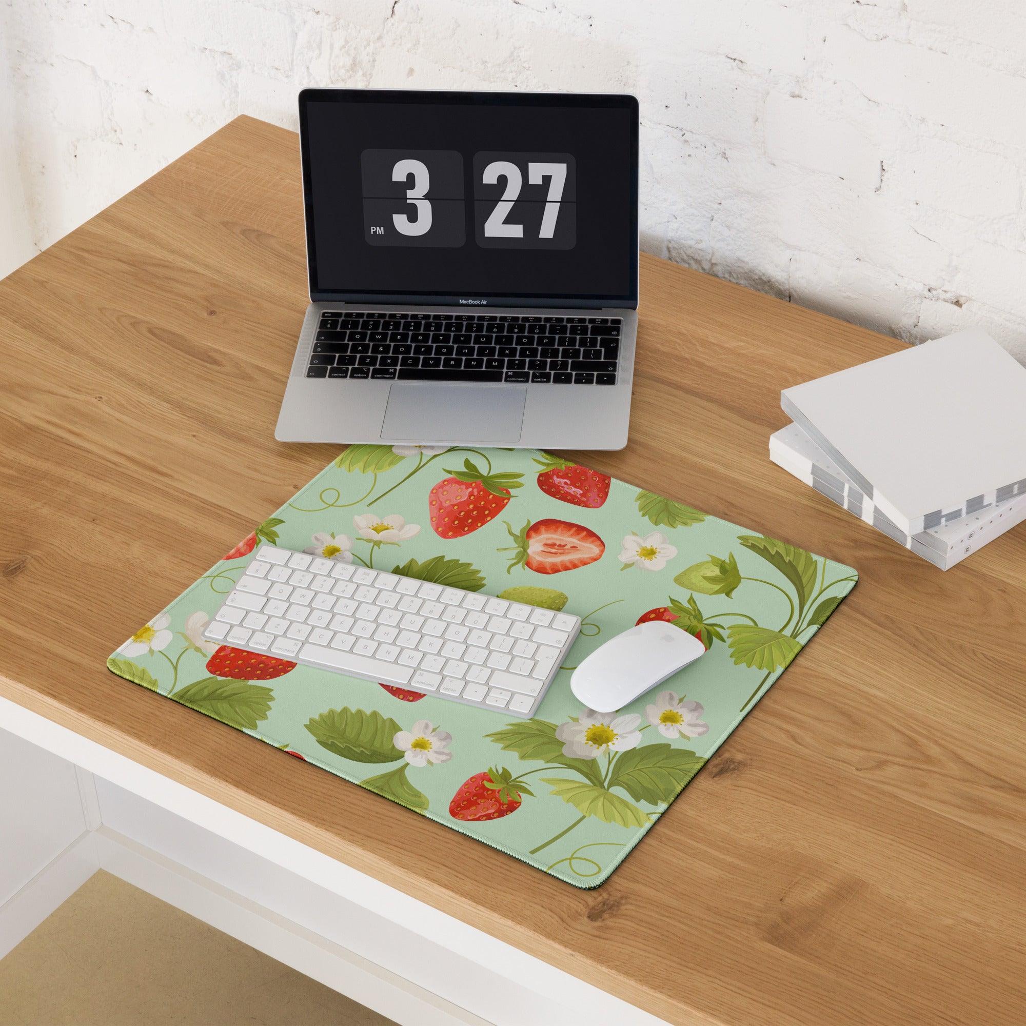 Large mint green strawberry pattern gaming mouse pad with non-slip base