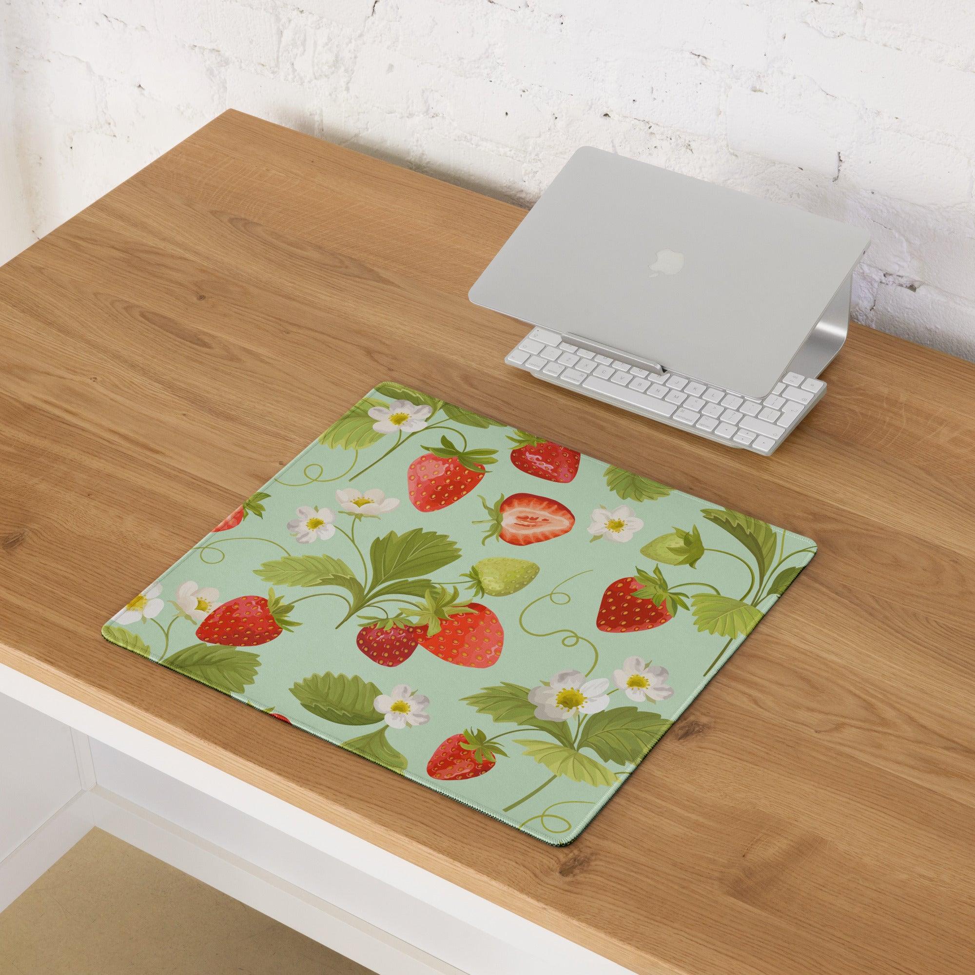 Large mint green strawberry pattern gaming mouse pad with non-slip base