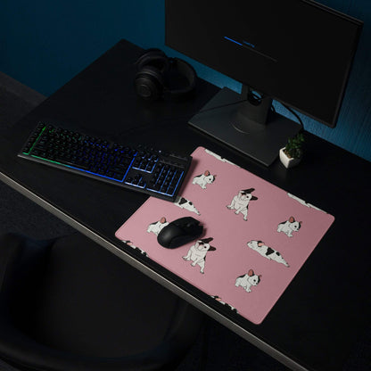 Pink mousepad with repeating black and white cartoon French bulldog pattern