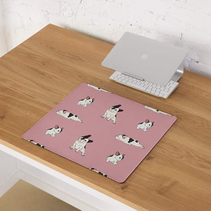 Pink gaming mouse pad with cartoon Boston Terrier pattern and non-slip base