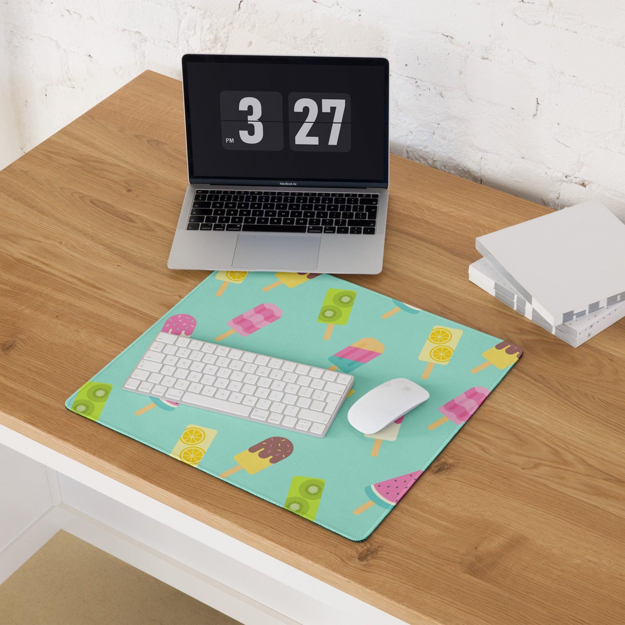 Vibrant mint green gaming mouse pad with popsicles lemons kiwis pattern non-slip base stitched edges