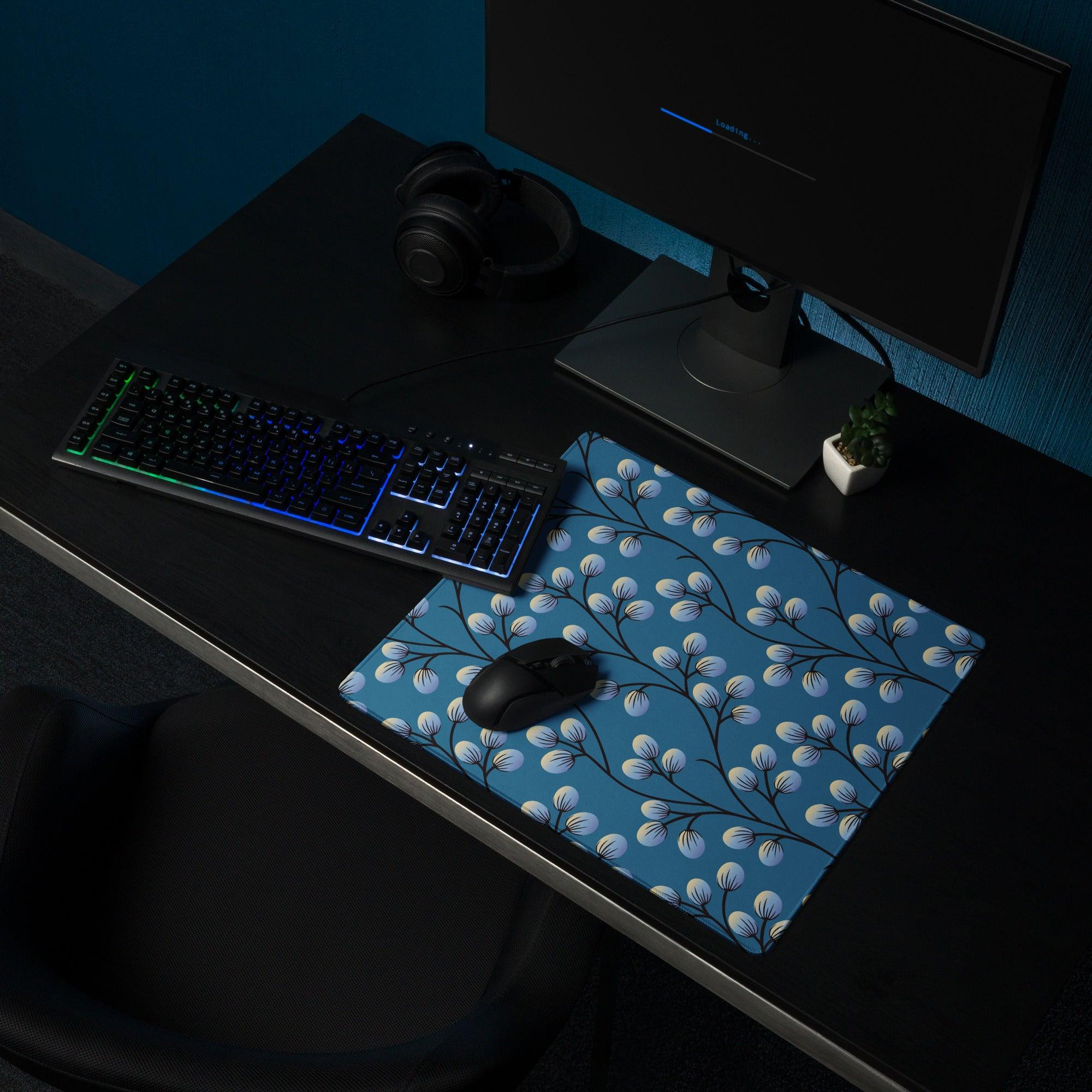 Elegant floral branches on deep blue gaming mouse pad for precision glide