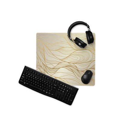 Luxury gold abstract lines gaming mouse pad with beige design, keyboard, mouse