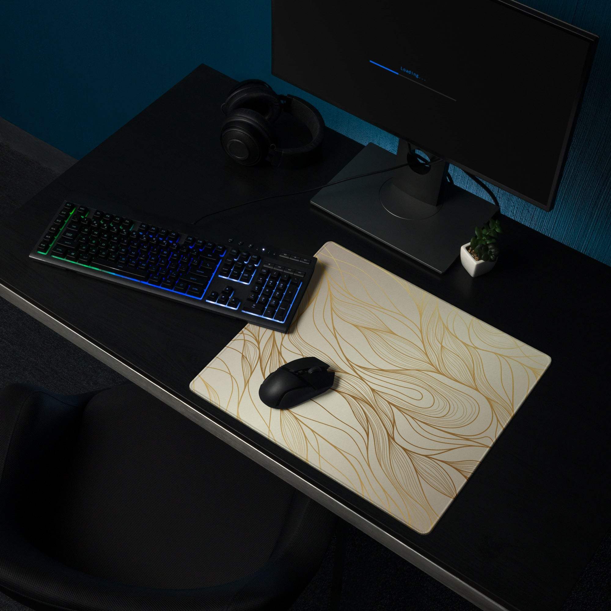 Luxury gold leaf abstract lines gaming mouse pad, beige, non-slip base