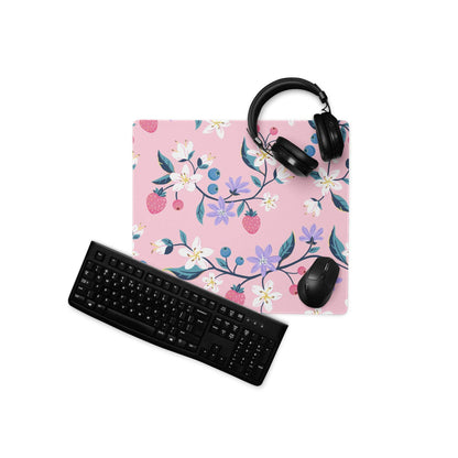 Chic pink floral gaming mouse pad with strawberries, flowers, leaves