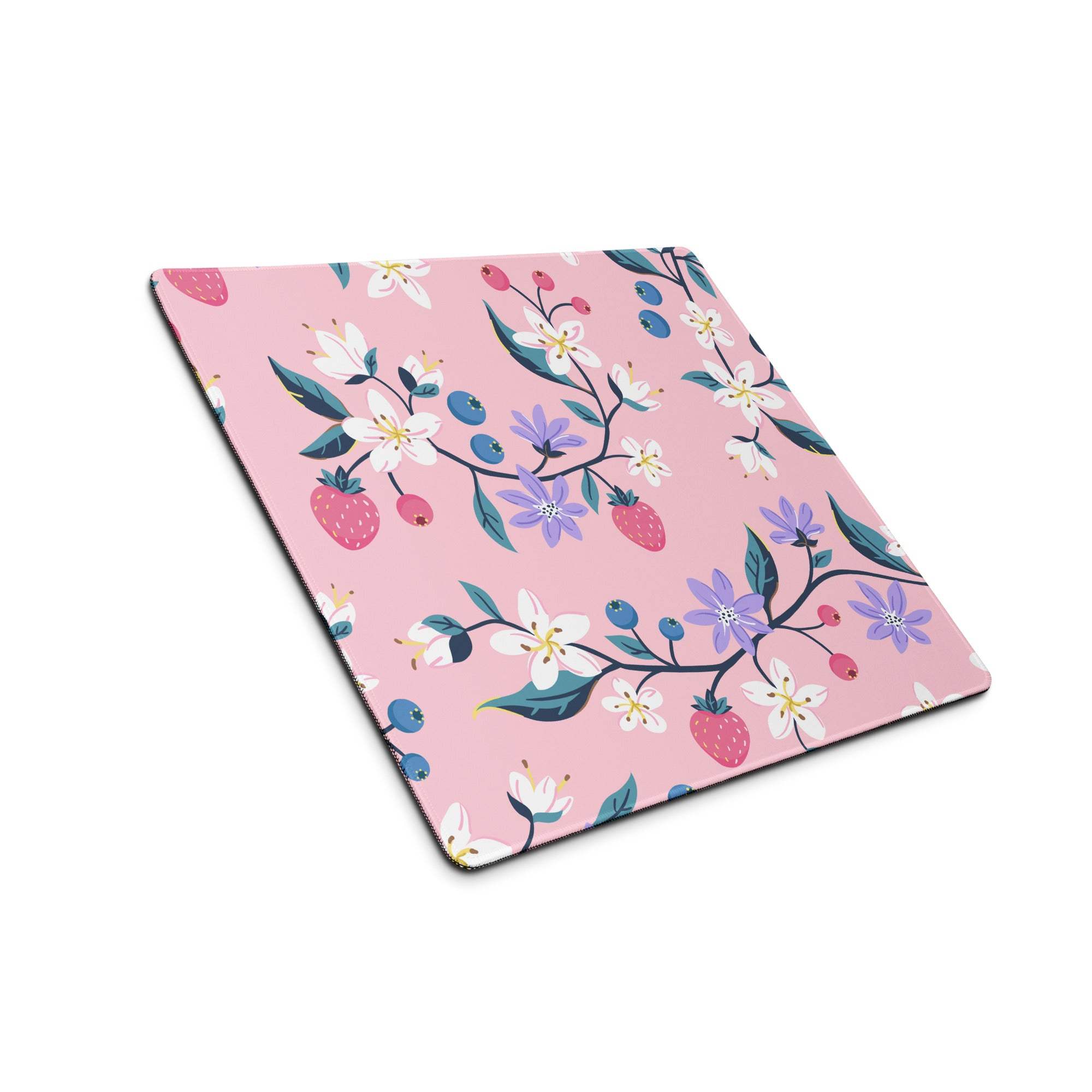 Chic pink floral gaming mouse pad with strawberries, berries on green stems