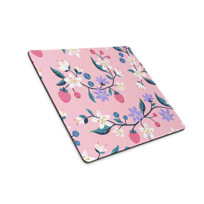 Chic pink floral gaming mouse pad with strawberries, berries on green stems