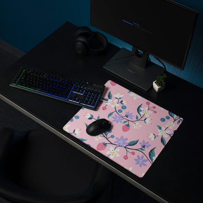 Chic pink floral gaming mouse pad with blossoms and strawberries