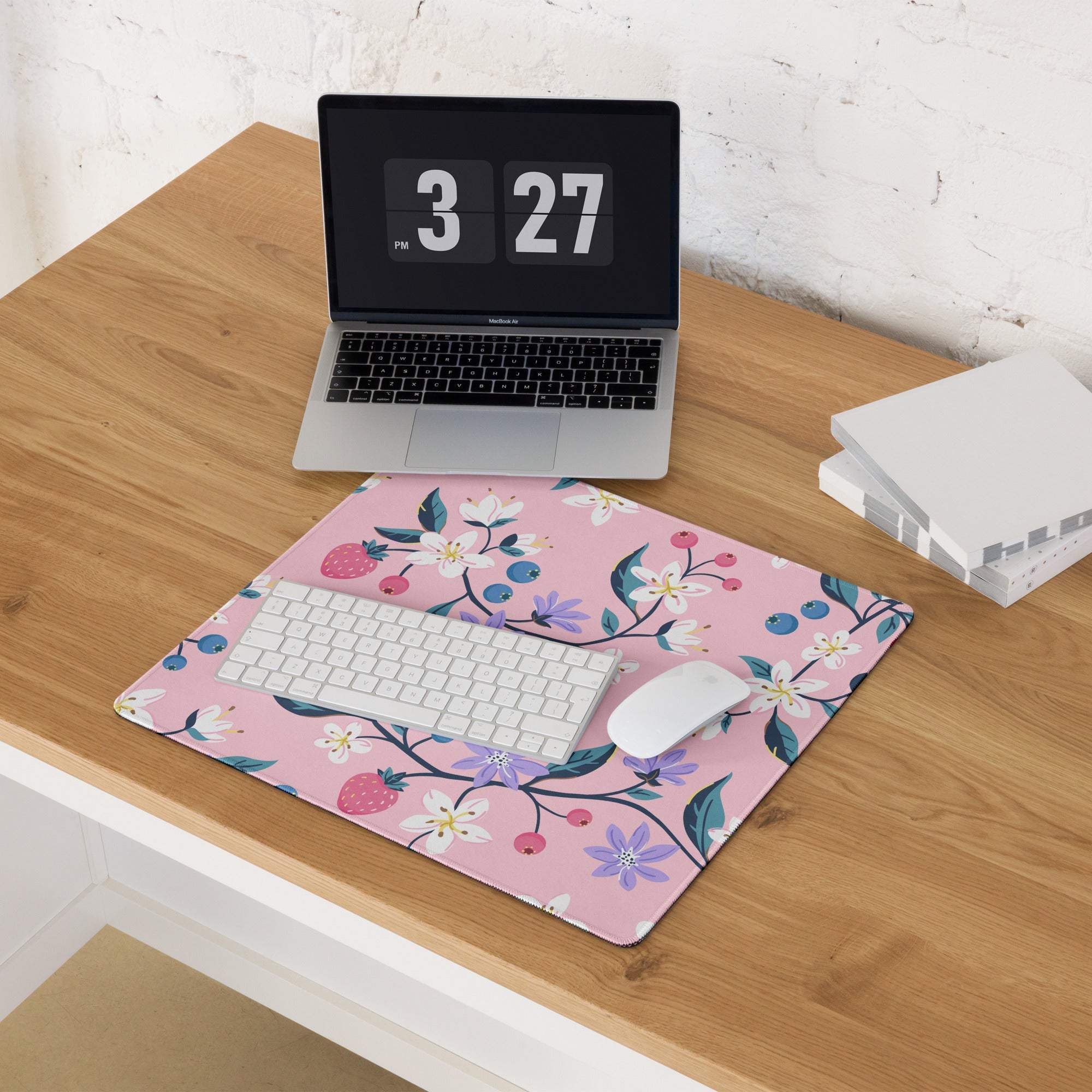 Chic pink floral gaming mousepad with strawberry motifs, non-slip base