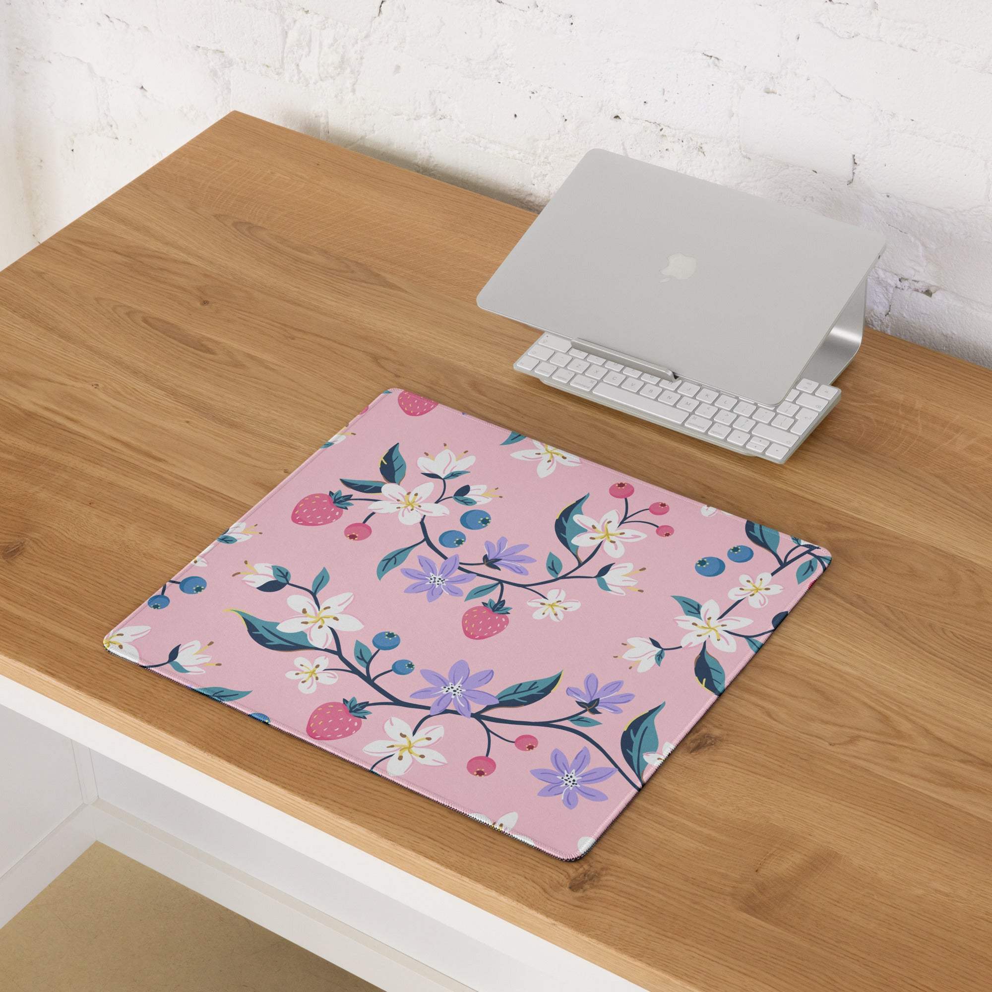 Chic pink floral gaming mouse pad with flowers, leaves, strawberries