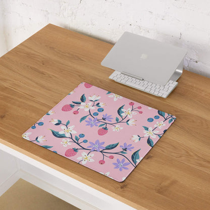 Chic pink floral gaming mouse pad with flowers, leaves, strawberries