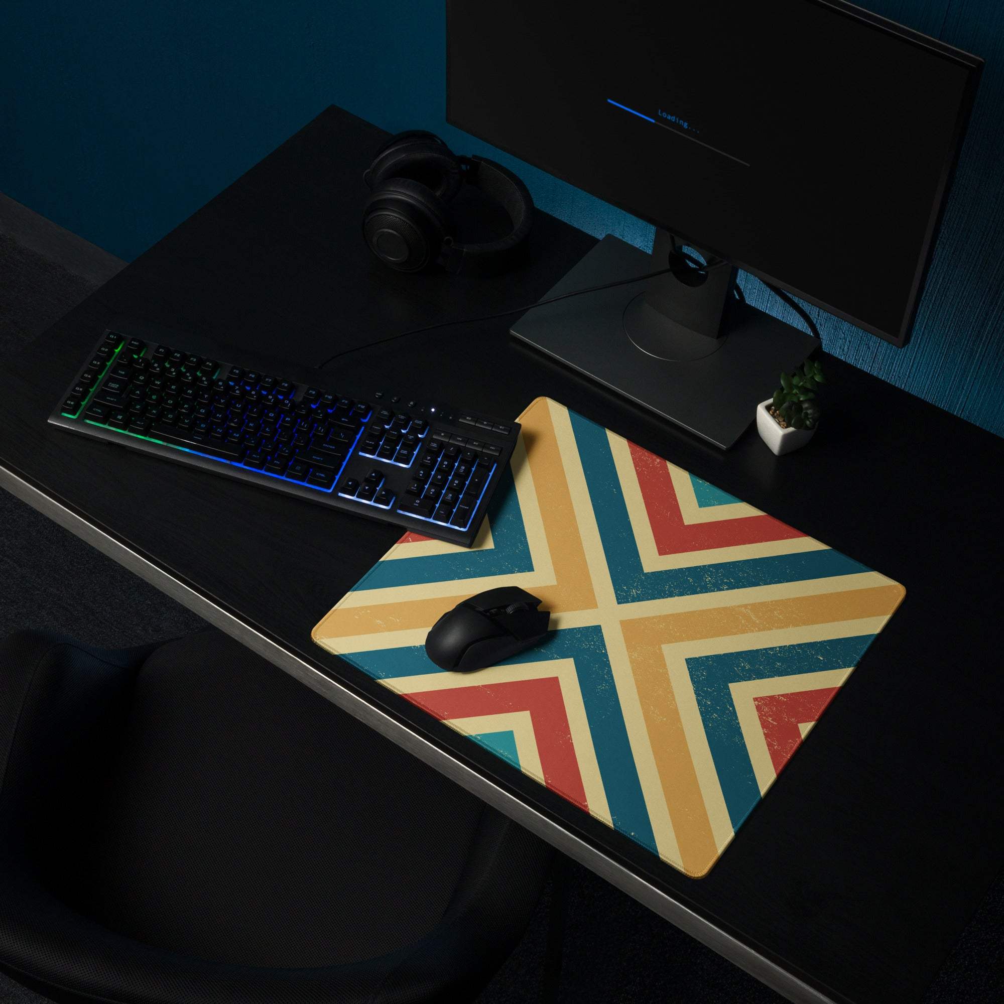 Retro geometric chevron gaming mouse pad with red teal cream stripes large non-slip