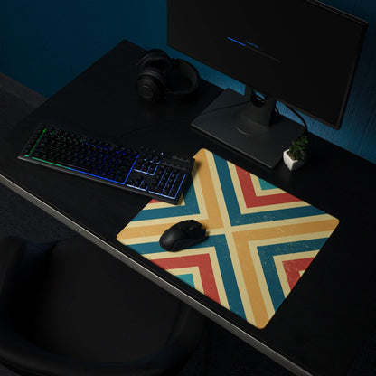 Retro geometric chevron gaming mouse pad with red teal cream stripes large non-slip