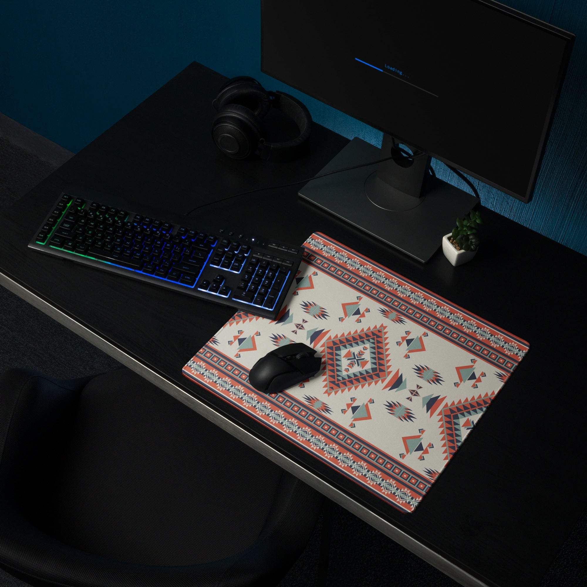 Aztec tribal geometric cream red teal gaming mouse pad large non-slip