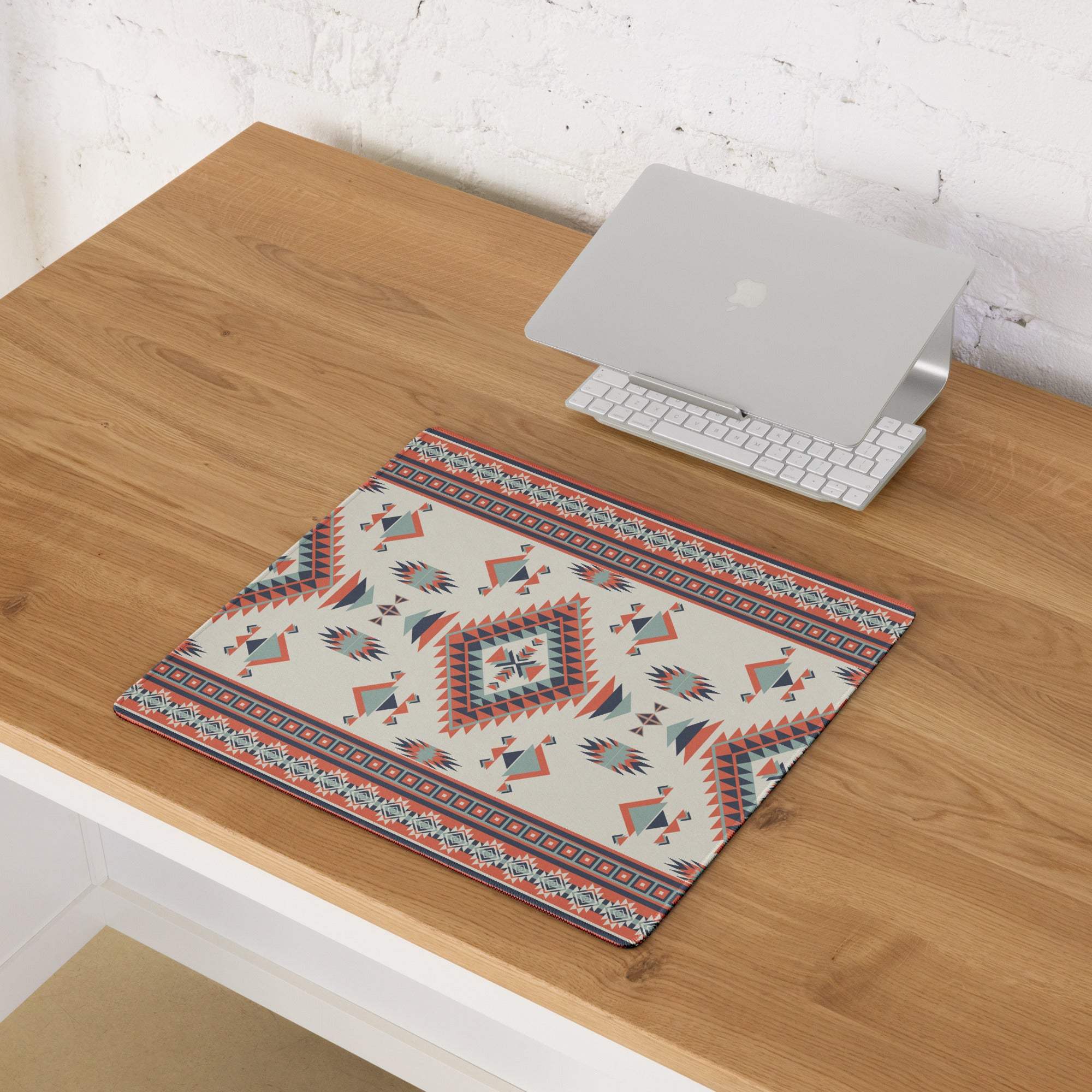 Aztec tribal geometric cream red teal large gaming mouse pad