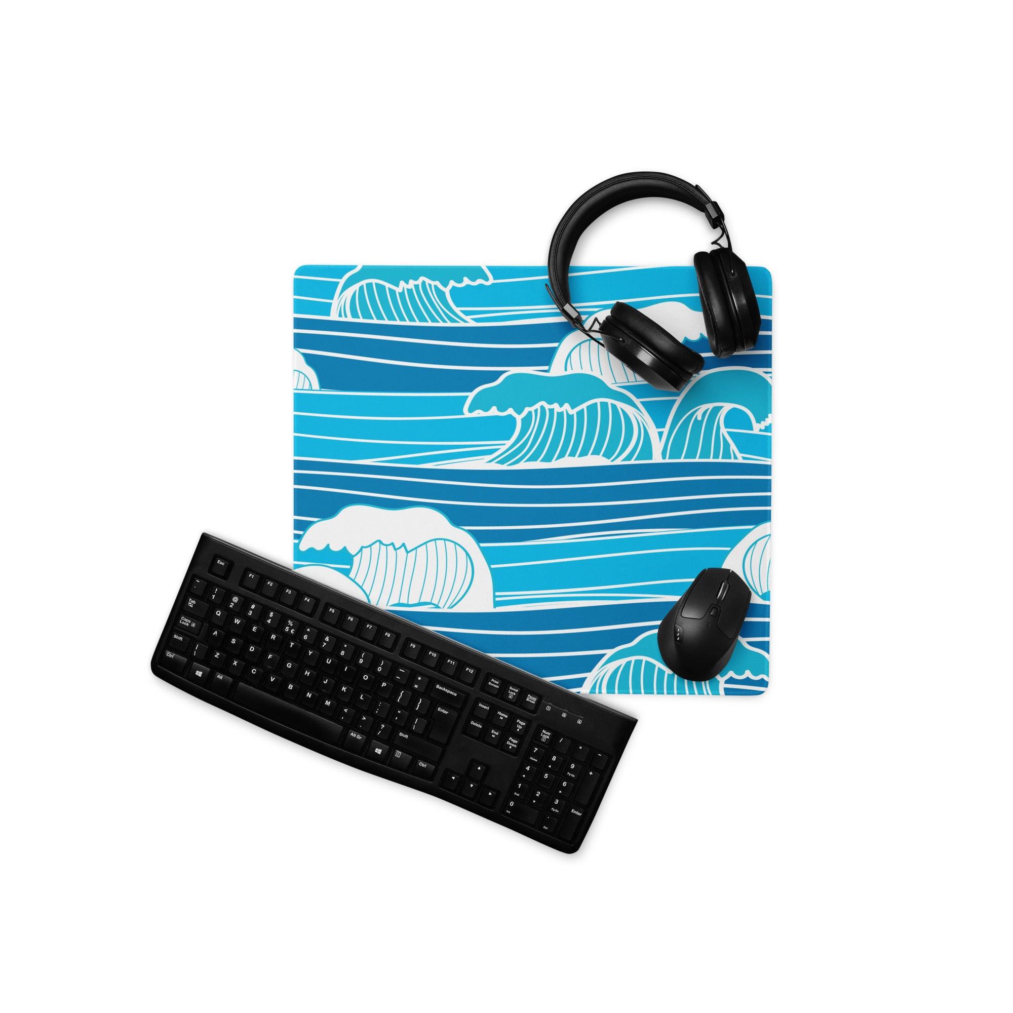 Blue ocean wave gaming mouse pad with non-slip surface and stitched edges