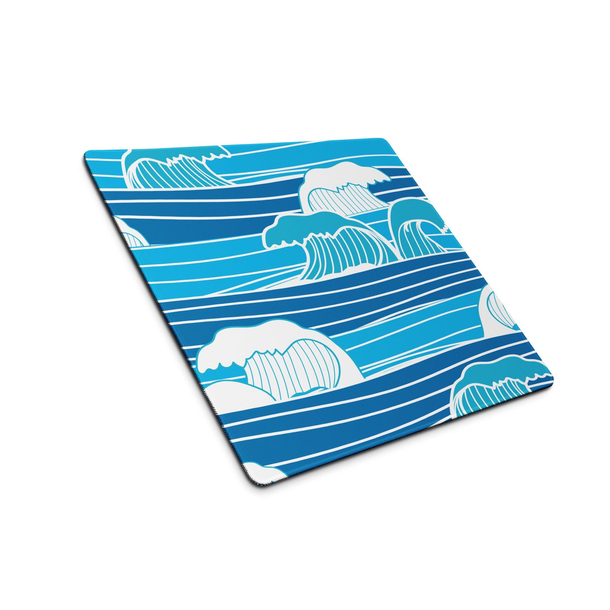 Blue and white wave-patterned gaming mouse pad with non-slip surface