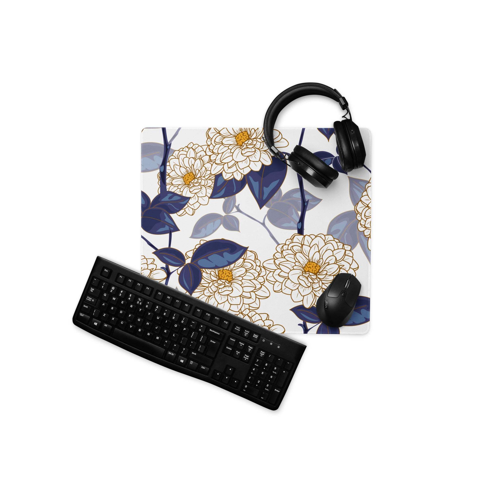 Elegant large gaming mouse pad with cream chrysanthemums, navy leaves in gold outline