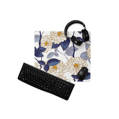 Elegant large gaming mouse pad with cream chrysanthemums, navy leaves in gold outline