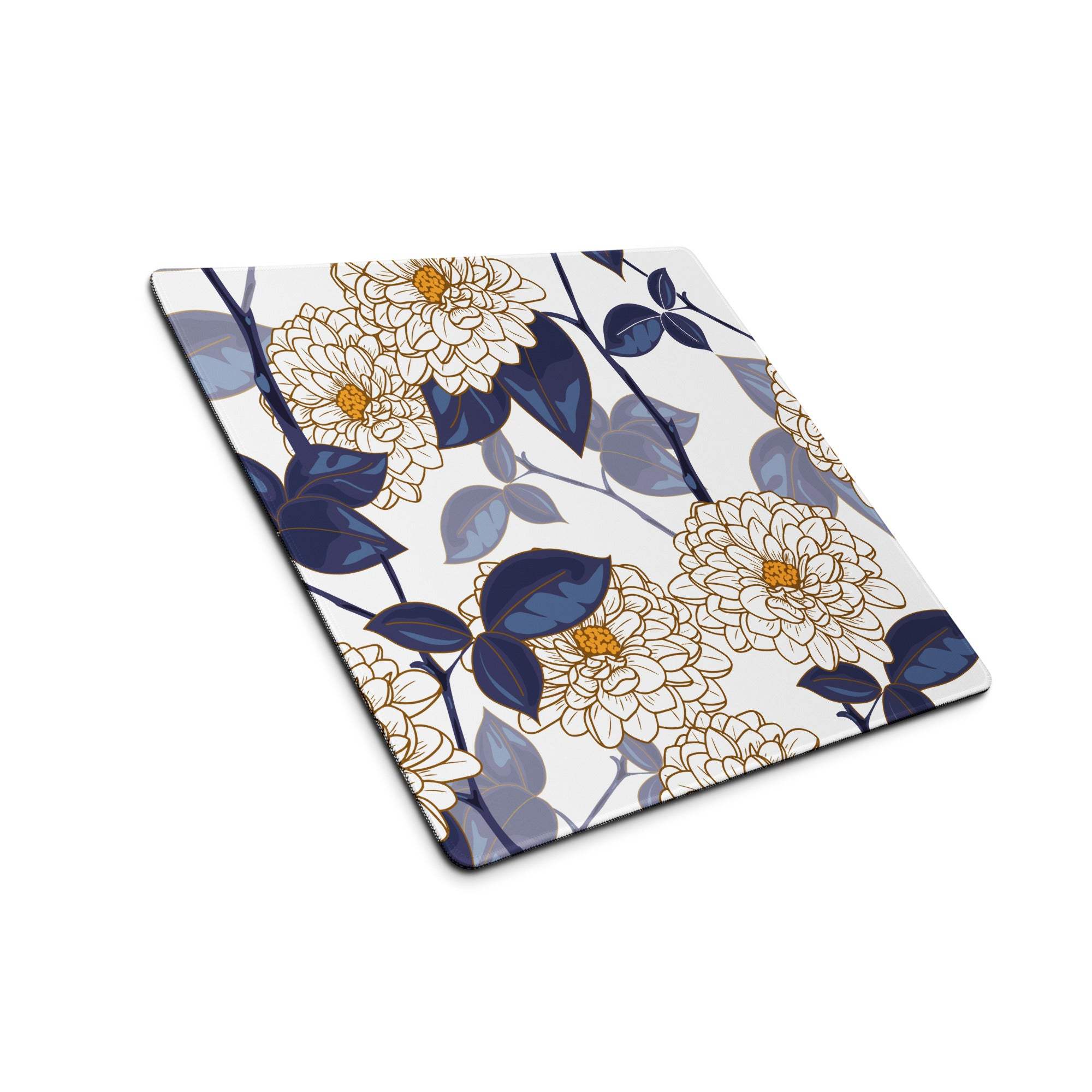 Elegant floral gaming desk mat with cream chrysanthemums, navy leaves, gold outlines