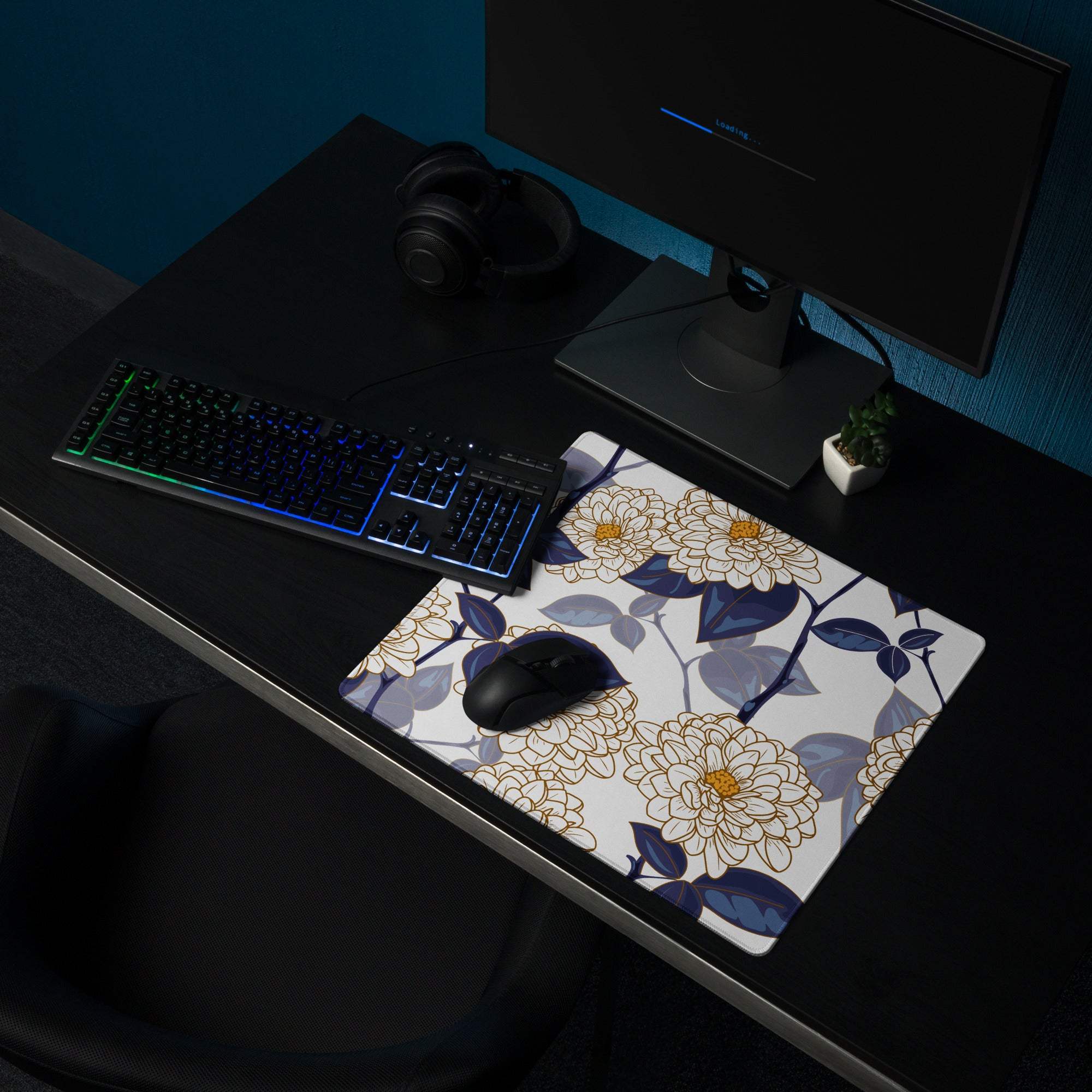Elegant floral large gaming mouse pad with cream chrysanthemums, navy leaves, gold outlines